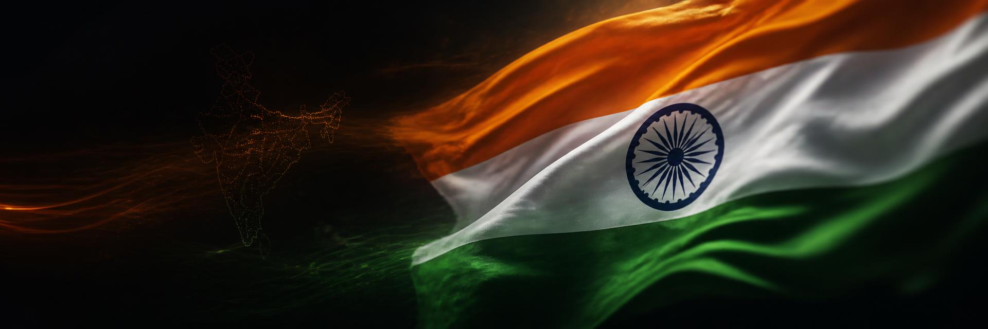 Waving Indian tricolour flag with a glowing outline map of India