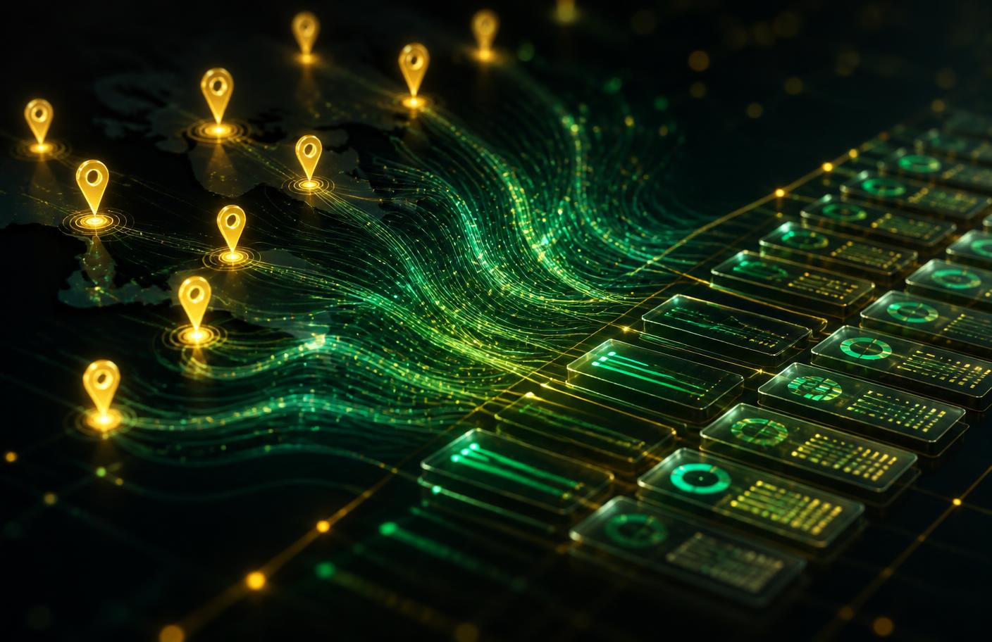 Business listings flowing from map pins into organised lead records